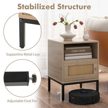 Dreamade Rattan Nightstand, Boho Night Stand with Open Storage Shelf & Rattan Decorative Door