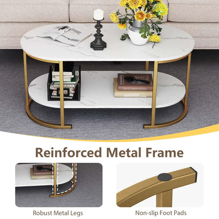 Dreamade 2-Tier Coffee Table Oval Center Table with Wood Grain Top & Open Storage Shelf
