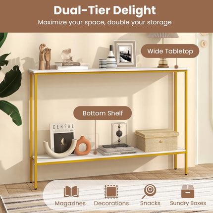 Dreamade Gold Console Table with Shelf, 44" Narrow Entryway Table w/Dual Anti-Tipping Kits & Golden Metal Frame