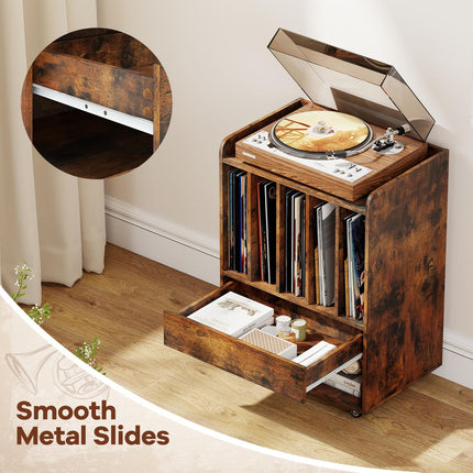 Dreamade Record Player Stand Rolling Turntable Stand with Drawer & Lockable Wheels