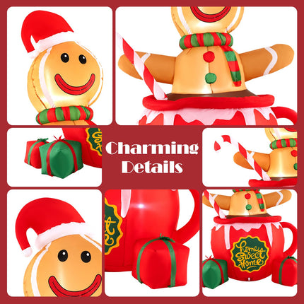 Dreamade 7 Ft Christmas Inflatable, Blow up Pre-Lit Gingerbread Man in Mug with Gift Boxes & Candy Cane
