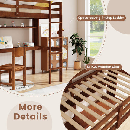 Dreamade Twin Loft Bed with Desk and Bookshelf, Wooden Bed Frame with Safety Guardrail & Ladder