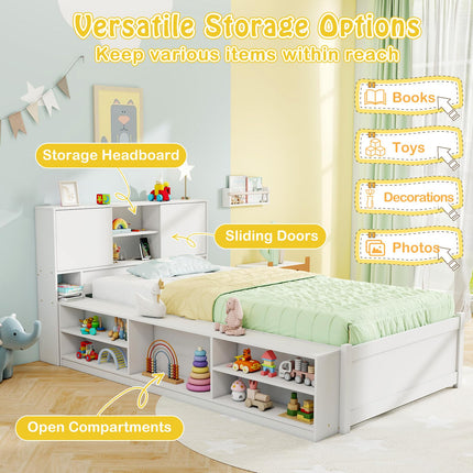 Dreamade White Twin Size Bed Frame with Trundle and Bookcase Headboard