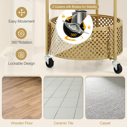 Dreamade Mobile Glass Coffee Table, 2-Tier Round End Table with Bear Pattern, Storage Basket, Metal Frame
