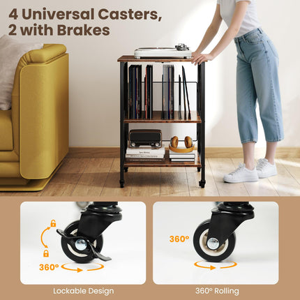 Dreamade Record Player Stand with Charging Station Turntable Stand with Record Storage & 4 Rolling Wheels