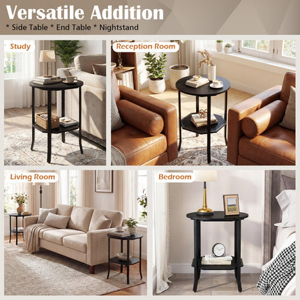 Dreamade 2-Tier Round Small Sofa Couch End Table with Storage Shelf & Steel Frame