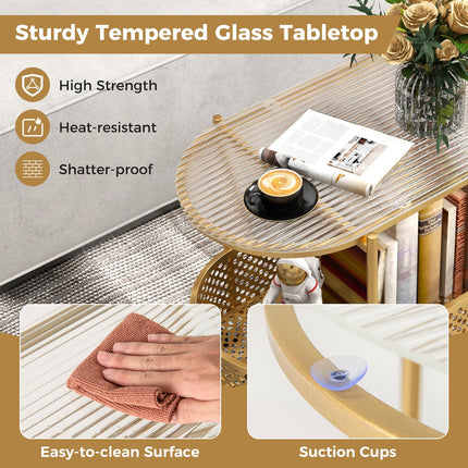 Dreamade Mobile Glass Coffee Table, 2-Tier Modern Cocktail Table with Bear Pattern, Storage Basket & Metal Frame
