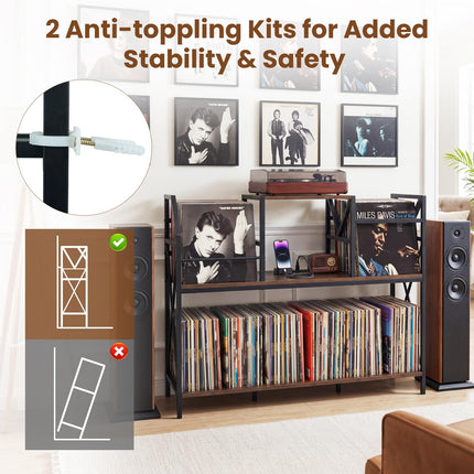 Dreamade Large Record Player Stand with Charging Station & Dividers for Albums