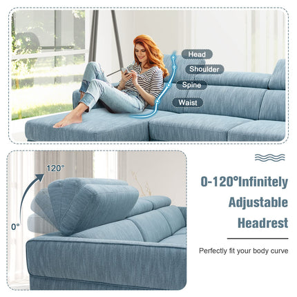 Dreamade L-Shaped Sofa Couch, 3-Seat Upholstered Sofa with Wide Chaise Lounge, Adjustable Headrest, Blue