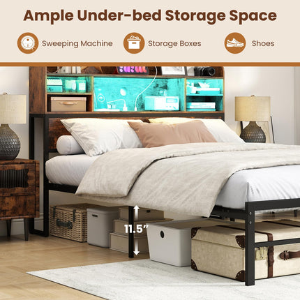 Dreamade Full Size Industrial Metal Bed Frame with LED Lights & Charging Station