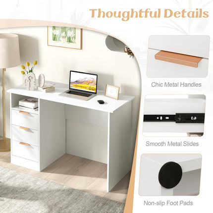 Dreamade White Desk with Drawers, Modern Home Office Desk Writing Study Desk with Charging Station