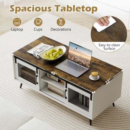 Dreamade 48" Farmhouse Coffee Table with Sliding Doors & Adjustable Shelf