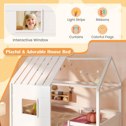 Dreamade Twin Size Loft Bed with LED Lights Roof Window and Storage Bookshelf