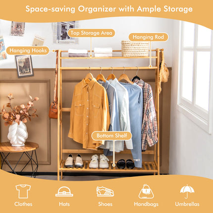 Dreamade 3 Tier Bamboo Clothing Rack with Shelves, Heavy Duty Freestanding Clothes Organizer Rack with Coat Hooks
