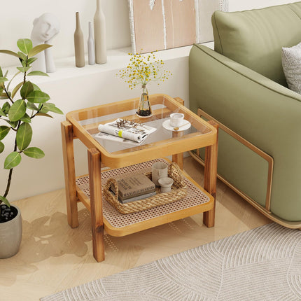 Dreamade Rattan Side Table, Boho End Table for Living Room, Narrow Bedside Table with Tempered Glass Top