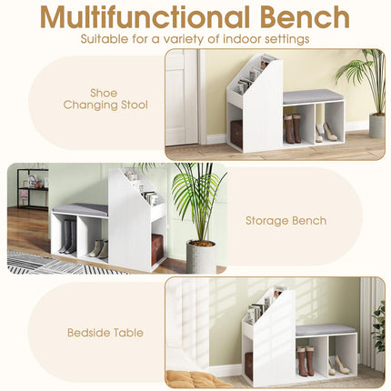 Dreamade Shoe Storage Bench, Entryway Bench w/Side Holder & Padded Seat Cushion, 3 Storage Compartments