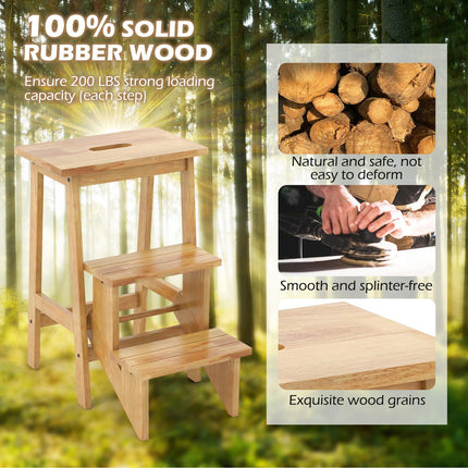 DreamadeFolding 3 Tier Step Ladder, Multipurpose 3-in-1 Wood Step Stool with Anti-Slip (Natural)