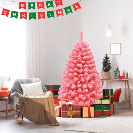 Dreamade 4.5ft Pink Artificial Christmas Tree, Unlit Hinged Snow Flocked Xmas Tree w/ 348 PVC Branch Tips & Metal Stand - DreamadeUS