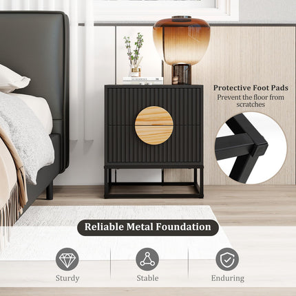 Dreamade Fluted Nightstand with 2 Drawers with Natural Circle Handle & Metal Frame