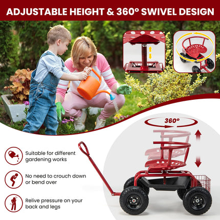 Dreamade Cushioned Rolling Garden Cart Scooter with Storage Basket and Tool Pouch