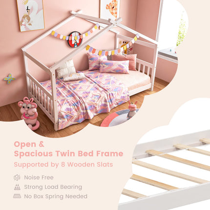 Dreamade House Bed Twin, Solid Wood Kids House Bed with Roof