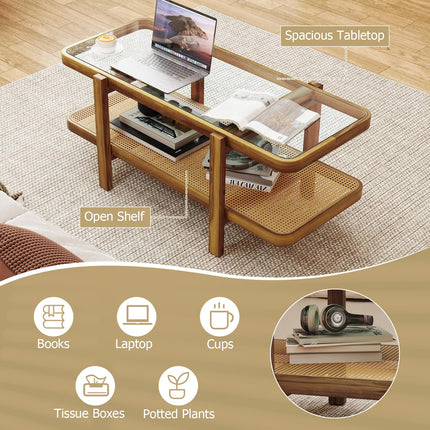 Dreamade Rattan Coffee Table, 47.5" Rectangle Solid Wood Tea Table w/Tempered Glass Tabletop