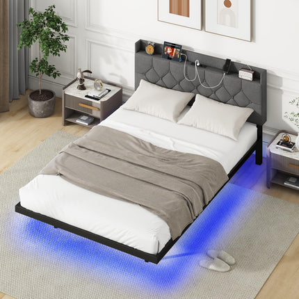 Dreamade Queen/Full Size Floating Bed Frame with LED Lights, Modern Platform Bed with Adjustable Upholstered Headboard & Charging Station