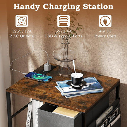 Dreamade Industrial Nightstand with Charging Station - End Side Table w/3 Fabric Drawers