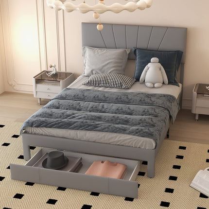 Dreamade Upholstered Queen Bed Frame with Drawer, Modern Platform Bed with Storage & Adjustable Headboard