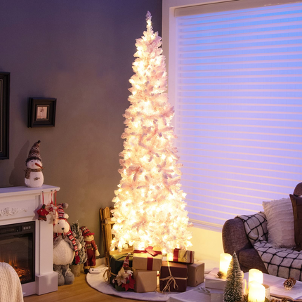 Dreamade 7ft Pre-Lit Pencil Christmas Tree, Snow Flocked Artificial Slim Tree with 800 Branch Tips - DreamadeUS