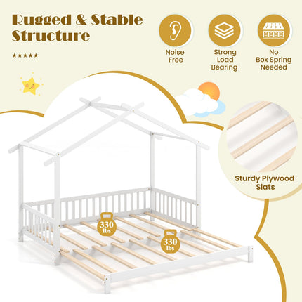 Dreamade Extendable House Bed for Kids, Twin to King Daybed with Roof & Fence Rails, Wood Kids Bed Frame for Teens