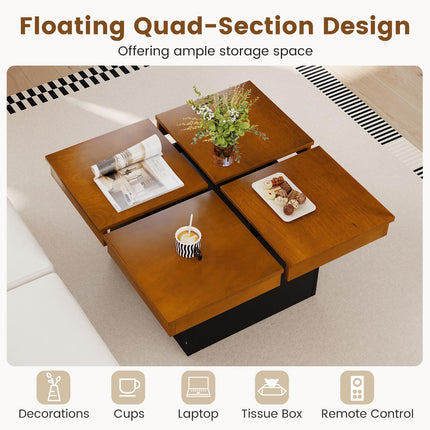 Dreamade Square Coffee Table | 31.5 Inch Mid Century Modern Center Table with Solid Wood Veneered Split Top