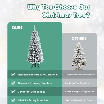 Dreamade Snow Flocked Pencil Christmas Tree, Hinged Artificial Slim Xmas Tree - DreamadeUS