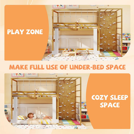 Dreamade Twin Bunk Bed with Jungle Gym Wooden Loft Bed with Climbing Ladder