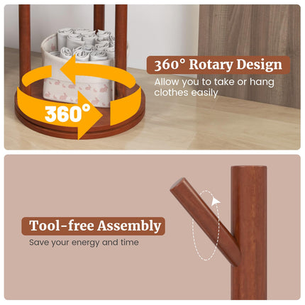 Dreamade Coat Rack Freestanding, Wooden Rotary Coat Tree w/ 3 Display Storage Shelves & 9 Hooks