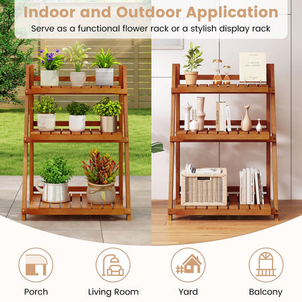Dreamade Foldable Ladder Plant Shelf 3-Tier Solid Wood Indoor Outdoor Flower Pot Display Rack