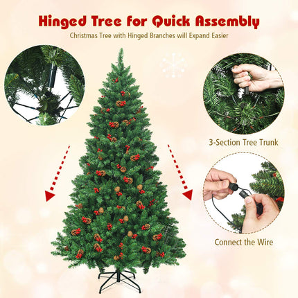 Dreamade 6.5FT Pre-Lit Christmas Tree with 1100 Branch Tips Pine Cones and Red Berries