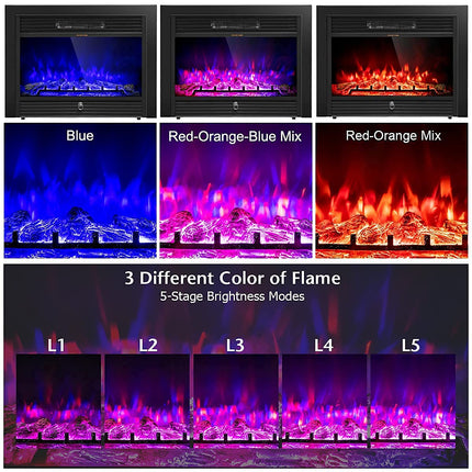 Dreamade 28.5" Electric Fireplace Insert Recessed Mounted with 3 Color Adjustable Flames