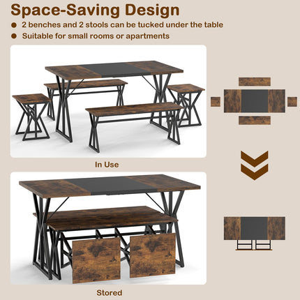 Dreamade 55" Kitchen Table with 2 Benches & 2 Stools with X-Shaped Metal Frame