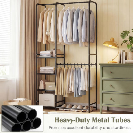 Dreamade Heavy-Duty Metal Clothing Rack with 2 Hanging Rods & 4 Storage Shelves