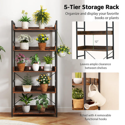 Dreamade 5 Tier Bookshelf with 4 Hooks for Living Room