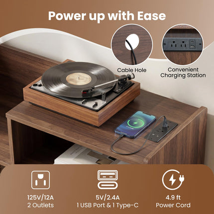 Dreamade Record Player Stand with LED Light and Power Outlets Large Turntable Stand with Sliding Door