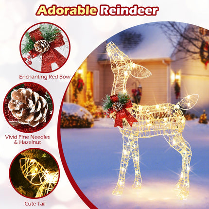 Dreamade Christmas Pre-Lit Reindeer, Lighted Baby Deer w/ 50 Warm White LED Lights & Red Bow