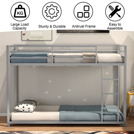 Dreamade Metal Bunk Bed Twin Over Twin, Low Profile Bunk Bed Frame with Ladder & Full Length Guardrail