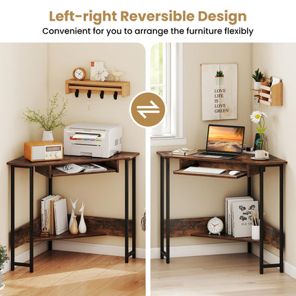 Dreamade Small Corner Desk with Charging Station with Keyboard Tray & Storage Shelf