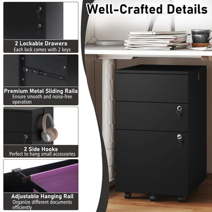 Dreamade 3-Drawer File Cabinet with Wheels Wooden File Organizer
