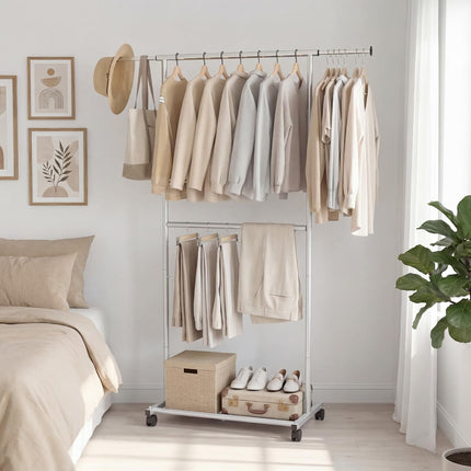 Dreamade Extendable Double-Rod Rolling Clothing Rack for Hanging Clothes