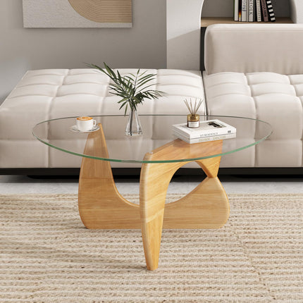 Dreamade Triangle Glass Coffee Table, Solid Wood Tea Table with Tempered Glass Top & Adjustable Base
