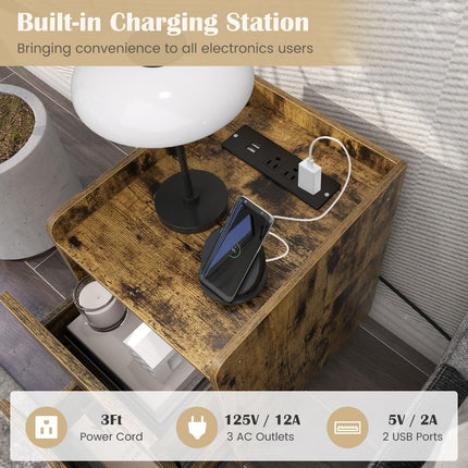 Dreamade Nightstand with Charging Station, Narrow End Table with 2 Drawers & Metal Gold Legs