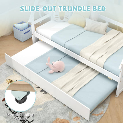 Dreamade Twin House Bed with Trundle, Wood Montessori Tent Bed Frame with Safety Guardrail